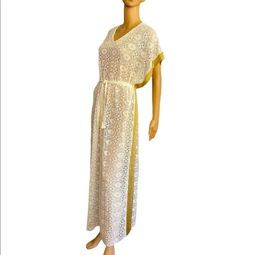 Marks Ther Paris Cover Up Bikini Floral Lace Gold Trim One SizeKaftan Maxi White